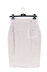 シャネル ジャケット スーツ CHANEL 14S グレー クリーム ダブル ツイード スカート 34 36