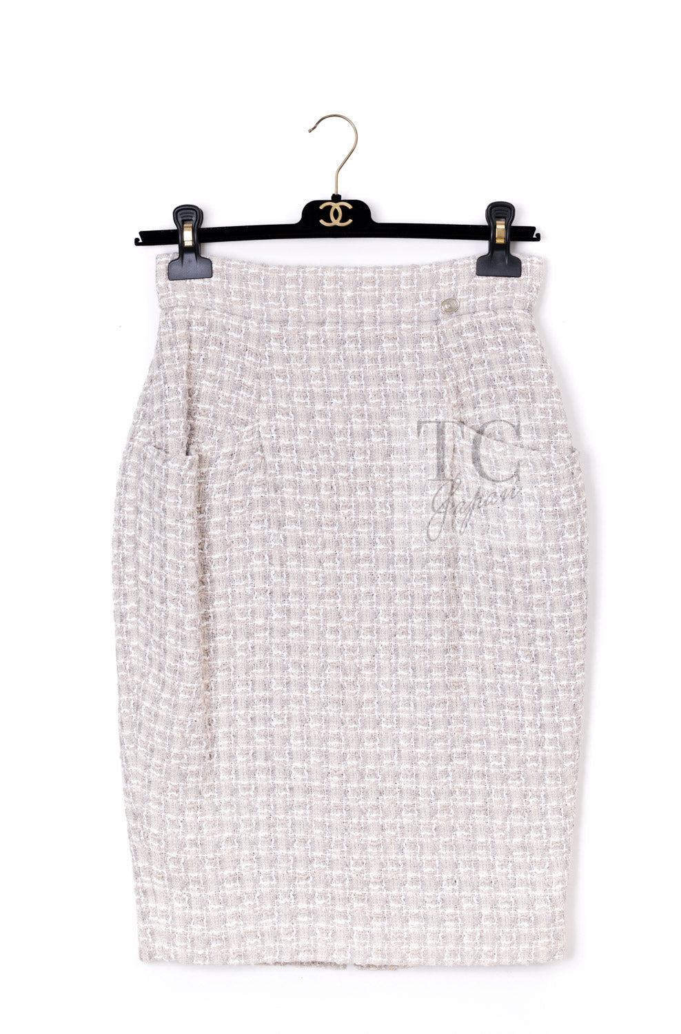 シャネル ジャケット スーツ CHANEL 14S グレー クリーム ダブル ツイード スカート 34 36