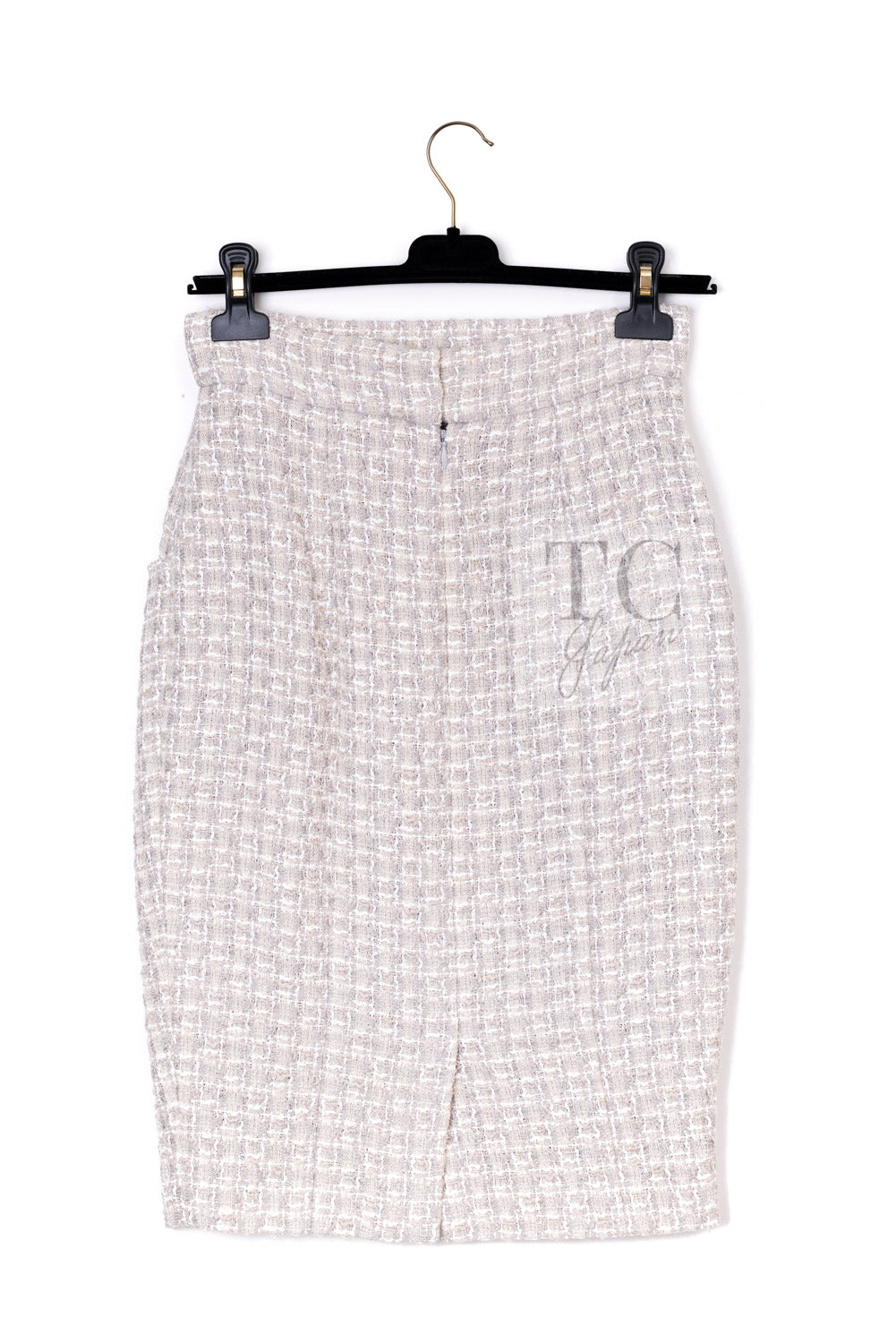 シャネル ジャケット スーツ CHANEL 14S グレー クリーム ダブル ツイード スカート 34 36