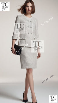 シャネル ジャケット スーツ CHANEL 14S グレー クリーム ダブル ツイード スカート 34 36