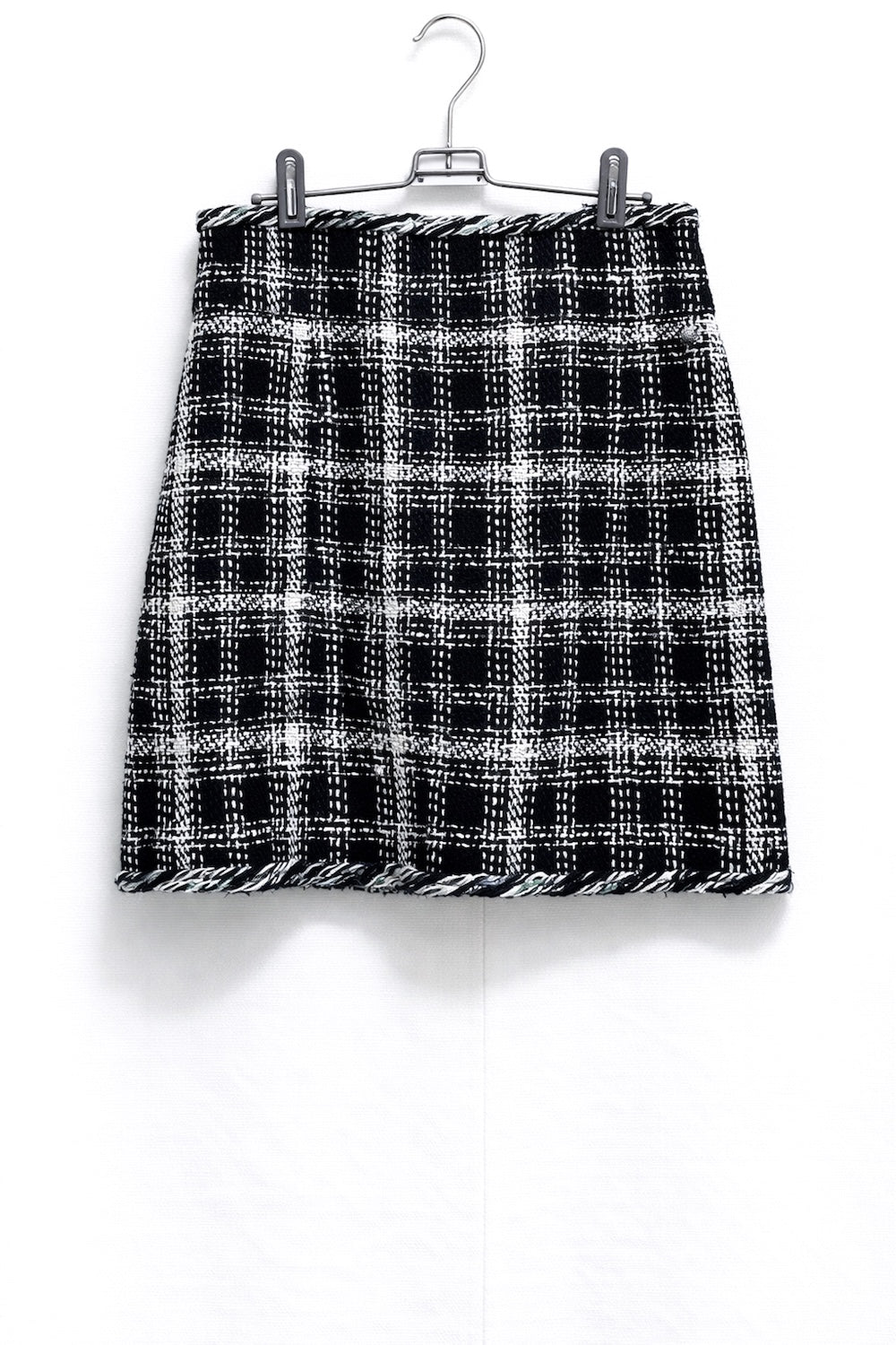 CHANEL 18S Navy Blue Ivory Checked Cotton Collarless Tweed Jacket Skirt Suit 42 シャネル ネイビー ブルー アイボリー チェック コットン ノーカラー ツイード ジャケット スカート スーツ 即発