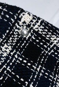 CHANEL 18S Navy Blue Ivory Checked Cotton Collarless Tweed Jacket Skirt Suit 42 シャネル ネイビー ブルー アイボリー チェック コットン ノーカラー ツイード ジャケット スカート スーツ 即発
