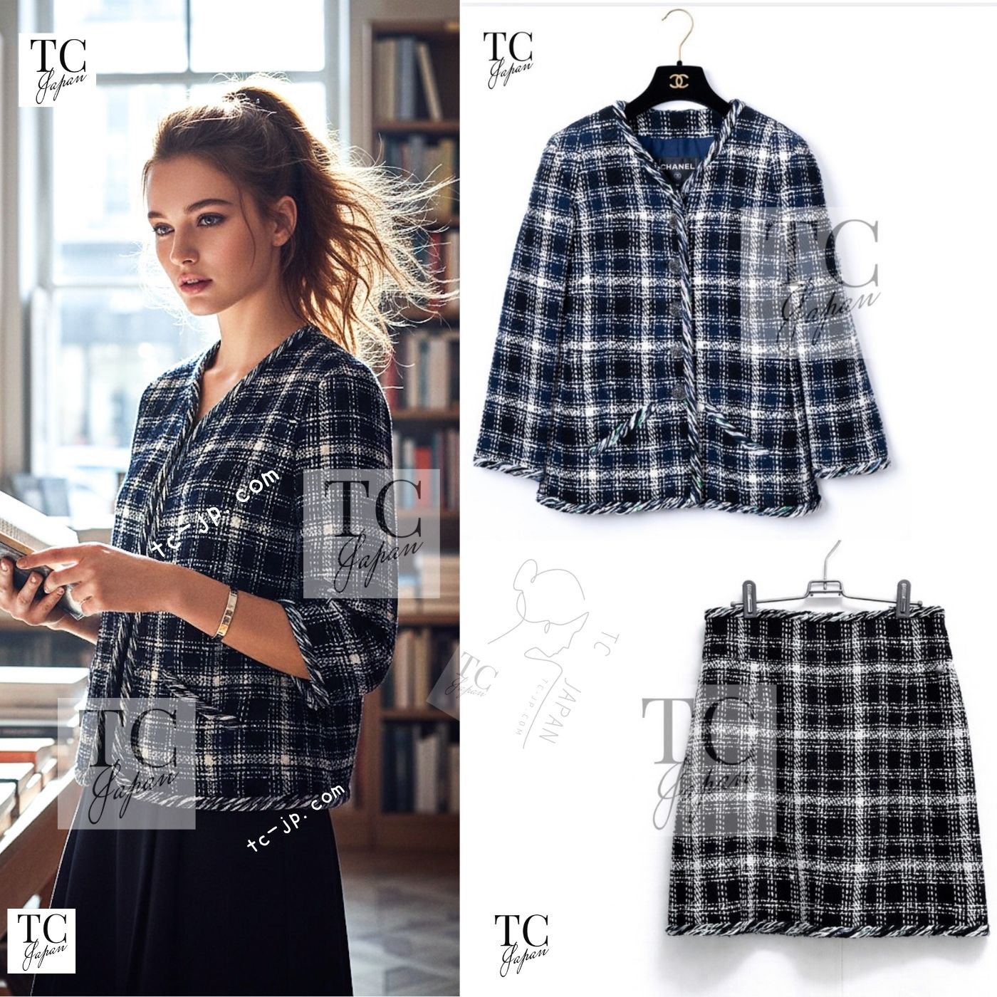 CHANEL 18S Navy Blue Ivory Checked Cotton Collarless Tweed Jacket Skirt Suit 42 シャネル ネイビー ブルー アイボリー チェック コットン ノーカラー ツイード ジャケット スカート スーツ 即発