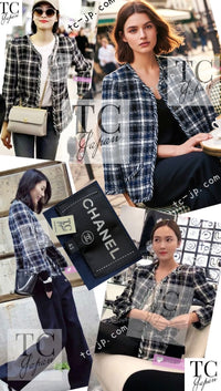 CHANEL 18S Navy Blue Ivory Checked Cotton Collarless Tweed Jacket Skirt Suit 42 シャネル ネイビー ブルー アイボリー チェック コットン ノーカラー ツイード ジャケット スカート スーツ 即発