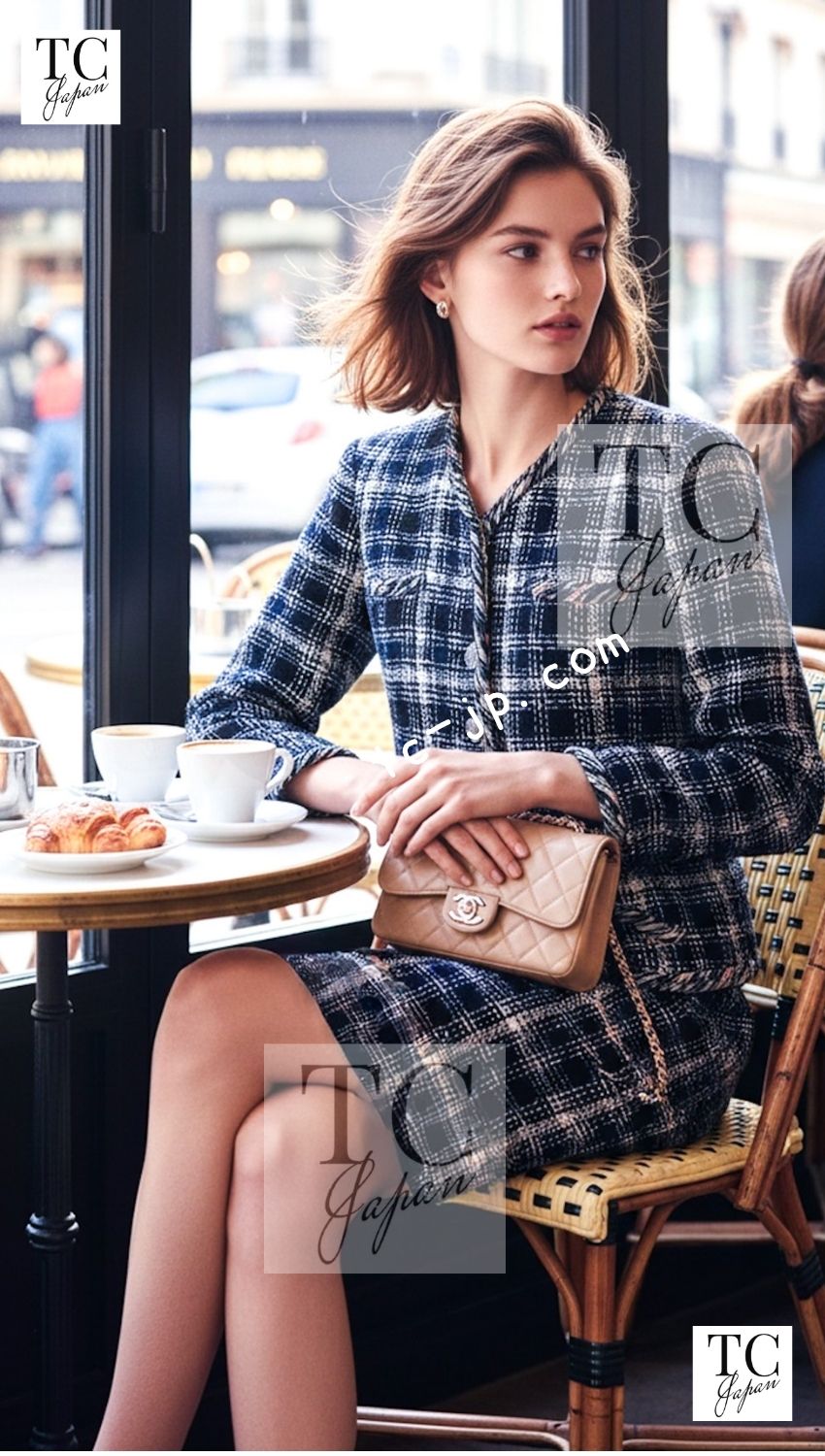 CHANEL 18S Navy Blue Ivory Checked Cotton Collarless Tweed Jacket Skirt Suit 42 シャネル ネイビー ブルー アイボリー チェック コットン ノーカラー ツイード ジャケット スカート スーツ 即発