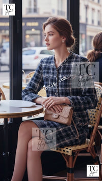 CHANEL 18S Navy Blue Ivory Checked Cotton Collarless Tweed Jacket Skirt Suit 42 シャネル ネイビー ブルー アイボリー チェック コットン ノーカラー ツイード ジャケット スカート スーツ 即発