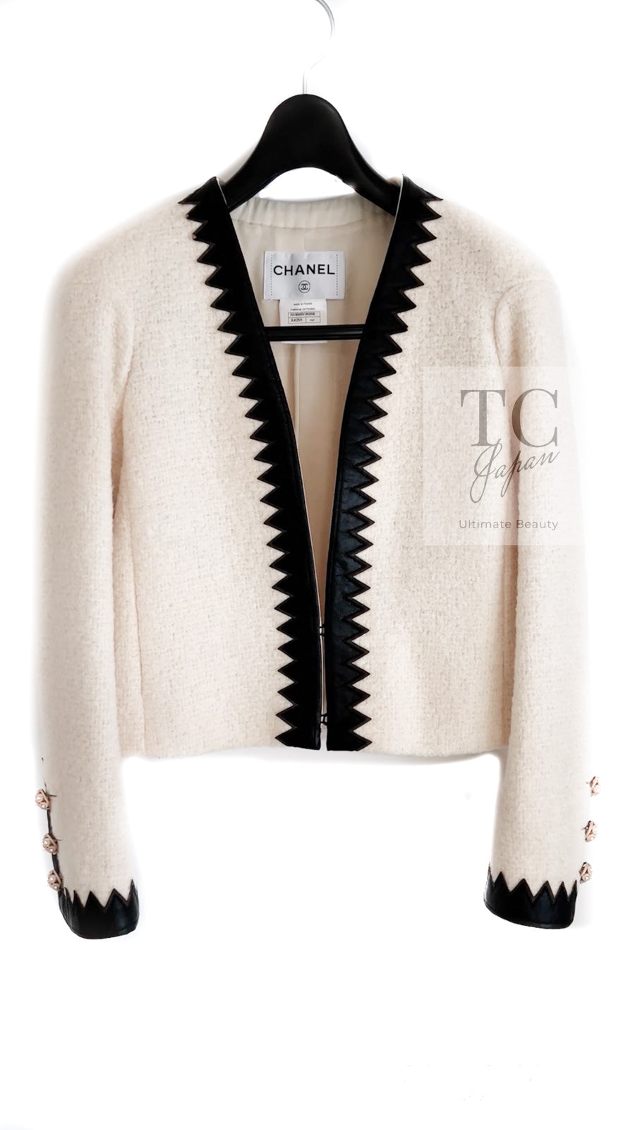 CHANEL 15PF Ivory Wool Mohair Leather Trim Jacket Skirt Suit 34 36 シャネル アイボリー ウール モヘア レザートリム ジャケット スカート スーツ 即発
