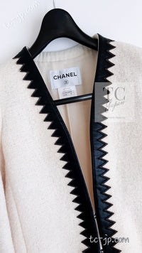 CHANEL 15PF Ivory Wool Mohair Leather Trim Jacket Skirt Suit 34 36 シャネル アイボリー ウール モヘア レザートリム ジャケット スカート スーツ 即発