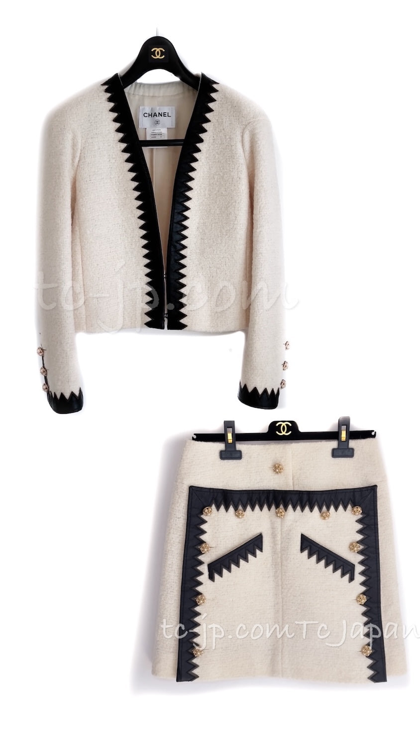 CHANEL 15PF Ivory Wool Mohair Leather Trim Jacket Skirt Suit 34 36 シャネル アイボリー ウール モヘア レザートリム ジャケット スカート スーツ 即発