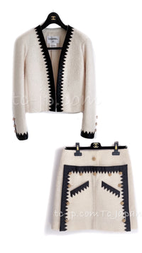 CHANEL 15PF Ivory Wool Mohair Leather Trim Jacket Skirt Suit 34 36 シャネル アイボリー ウール モヘア レザートリム ジャケット スカート スーツ 即発