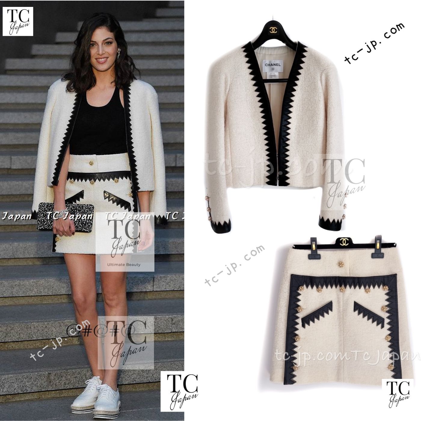 CHANEL 15PF Ivory Wool Mohair Leather Trim Jacket Skirt Suit 34 36 シャネル アイボリー ウール モヘア レザートリム ジャケット スカート スーツ 即発