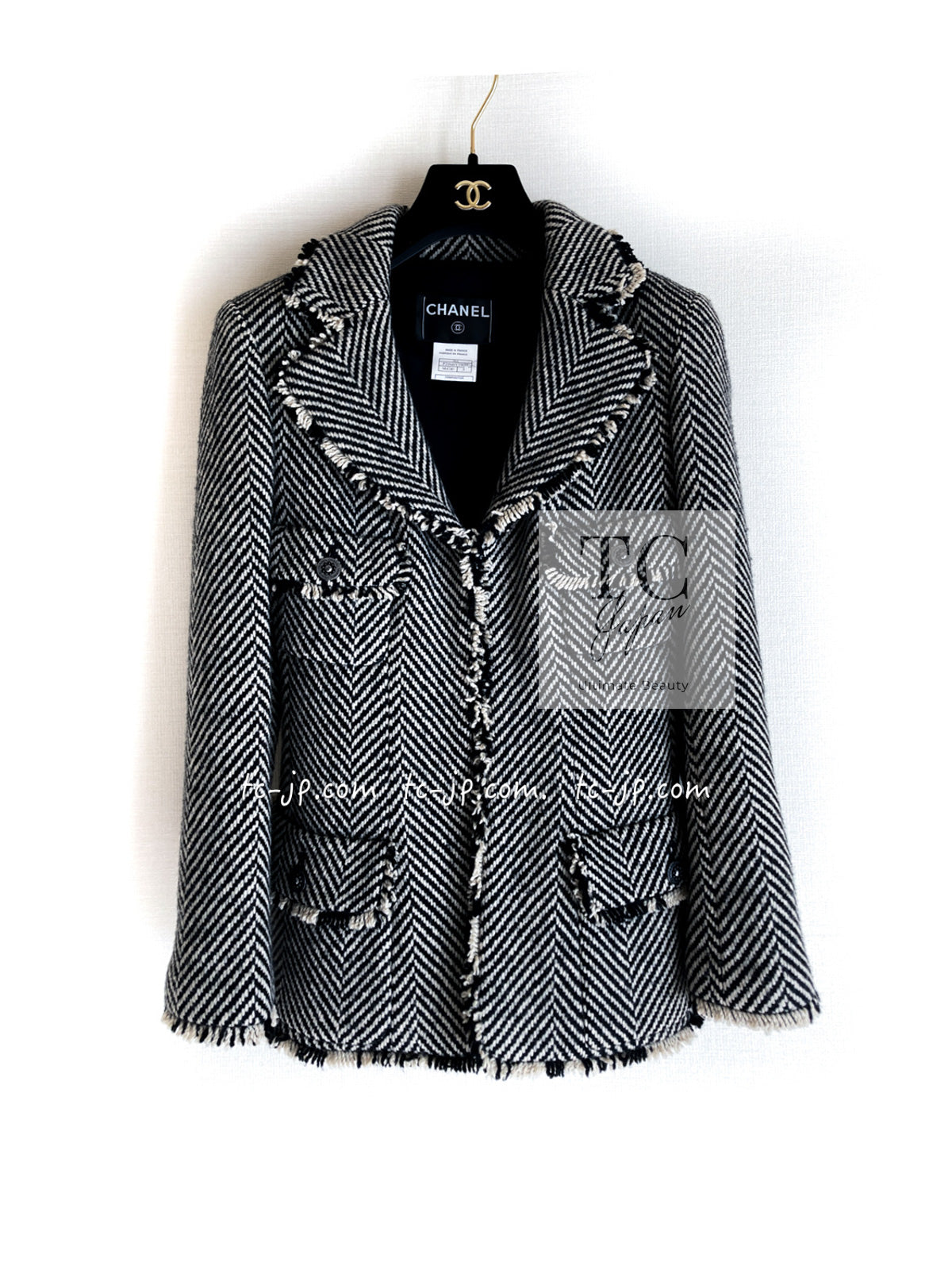 CHANEL 06A Black Herringbone Chevron Wool Tweed Jacket Skirt Suit 34 シャネル ブラック シェベロン ウール ツイード ジャケット スカート スーツ 即発