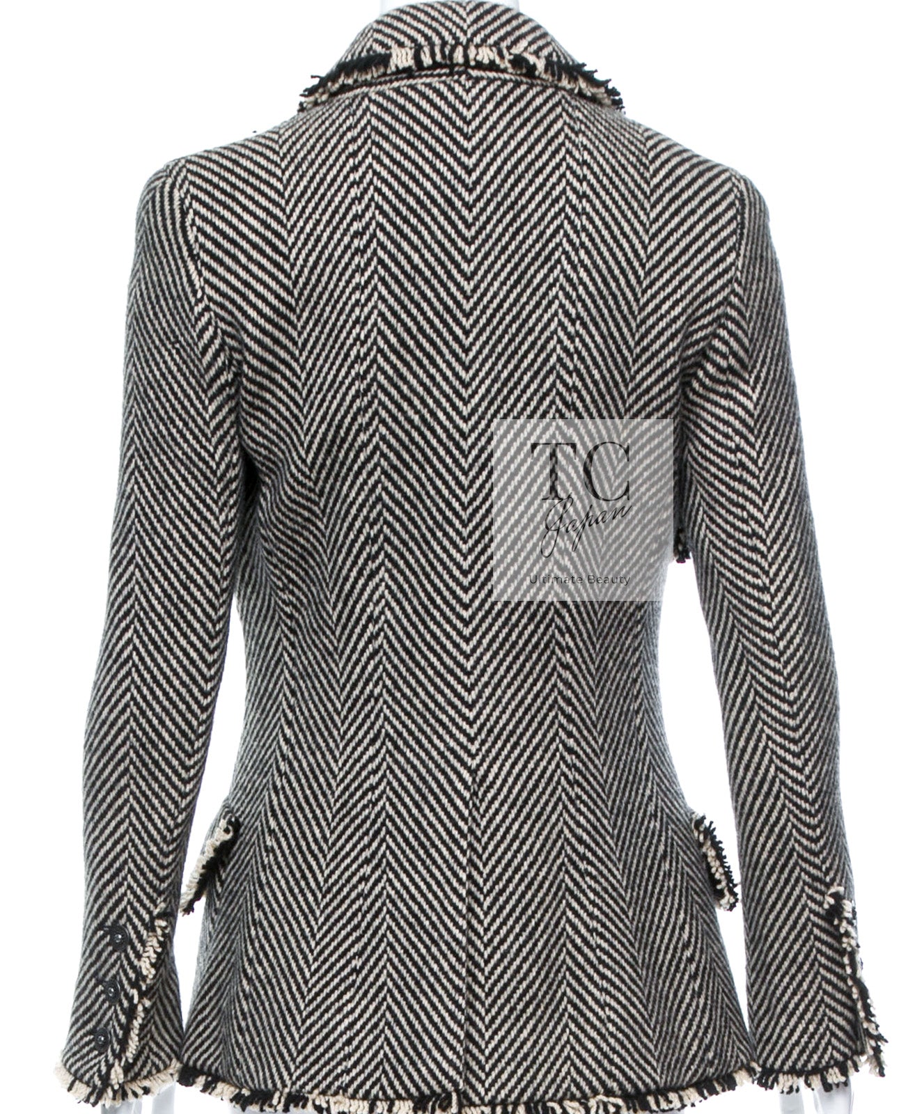 CHANEL 06A Black Herringbone Chevron Wool Tweed Jacket Skirt Suit 34 シャネル ブラック シェベロン ウール ツイード ジャケット スカート スーツ 即発