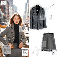 CHANEL 06A Black Herringbone Chevron Wool Tweed Jacket Skirt Suit 34 シャネル ブラック シェベロン ウール ツイード ジャケット スカート スーツ 即発