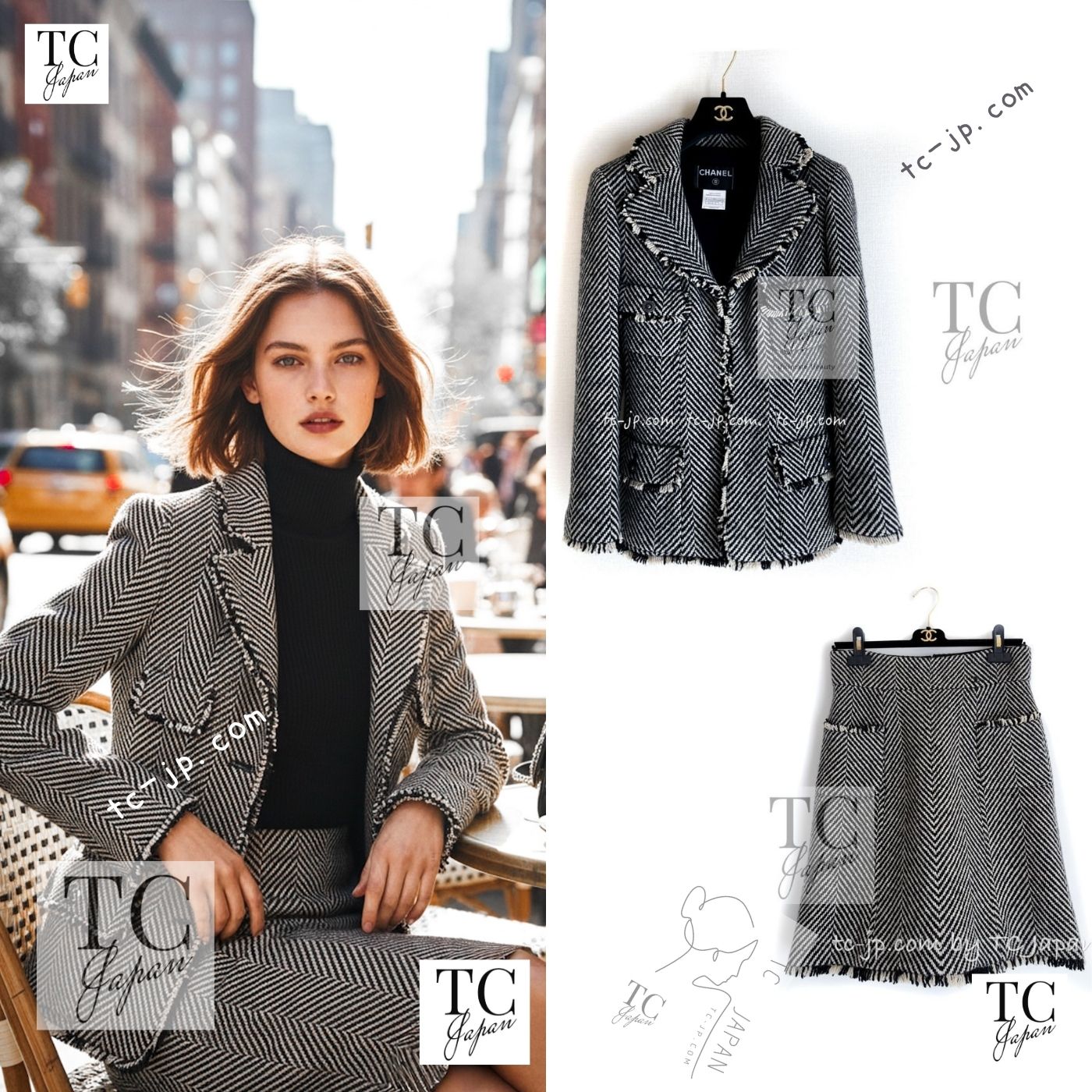 CHANEL 06A Black Herringbone Chevron Wool Tweed Jacket Skirt Suit 34 シャネル ブラック シェベロン ウール ツイード ジャケット スカート スーツ 即発