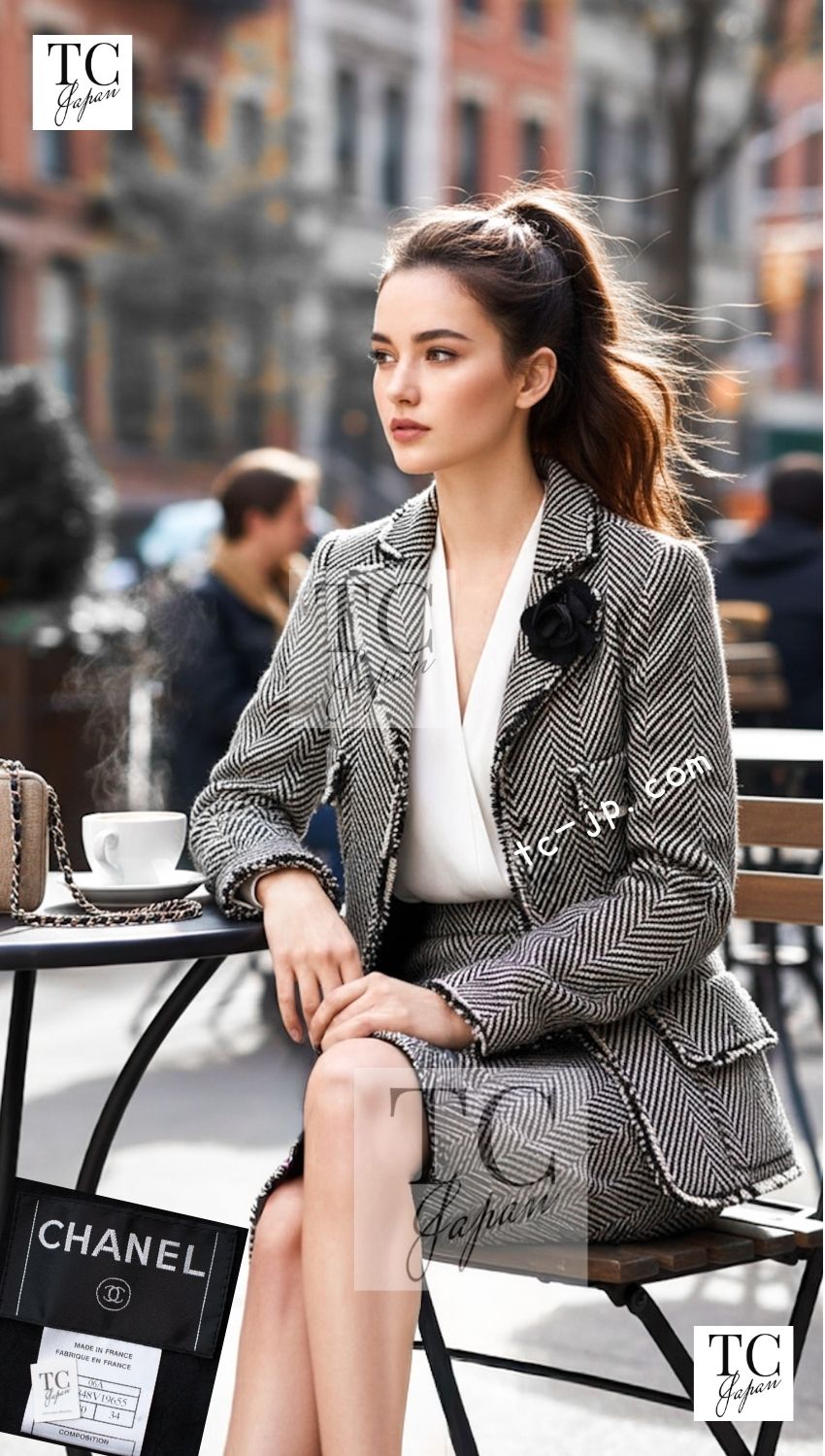 CHANEL 06A Black Herringbone Chevron Wool Tweed Jacket Skirt Suit 34 シャネル ブラック シェベロン ウール ツイード ジャケット スカート スーツ 即発