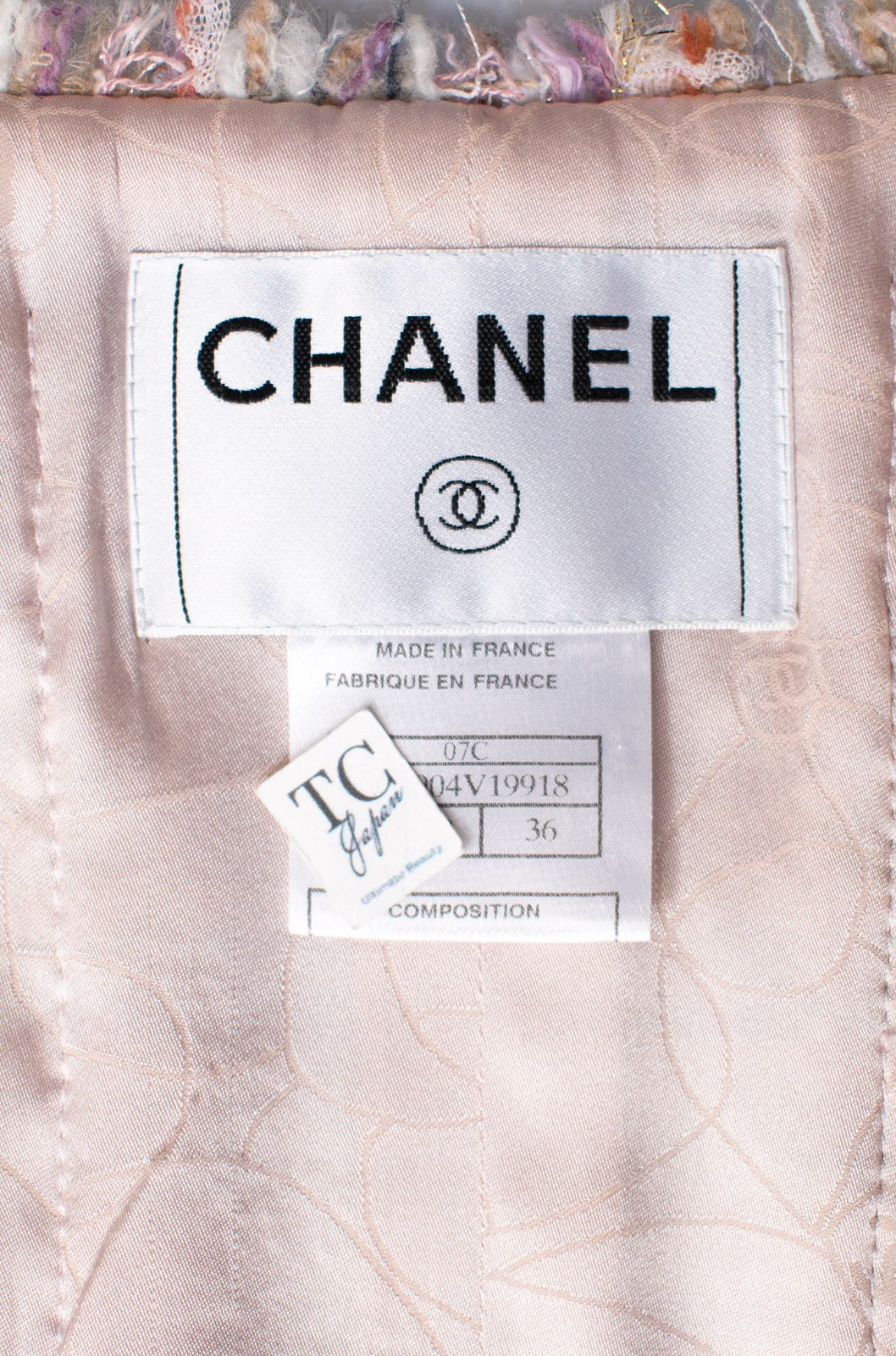 CHANEL 07C Pink Beige Multi Collarless Tweed Jacket Skirt Suit 36 シャネル ピンク ベージュ ノーカラー ツイード ジャケット スカート スーツ 即発