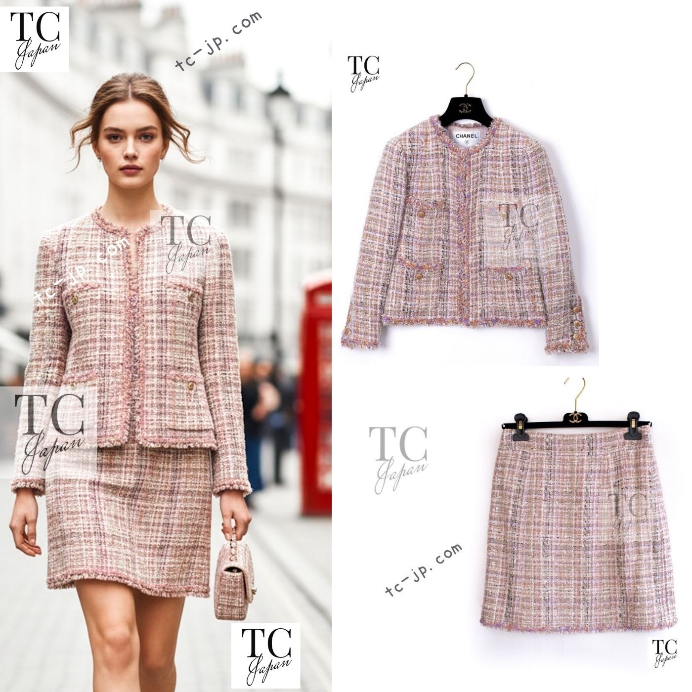 CHANEL 07C Pink Beige Multi Collarless Tweed Jacket Skirt Suit 36 シャネル ピンク ベージュ ノーカラー ツイード ジャケット スカート スーツ 即発