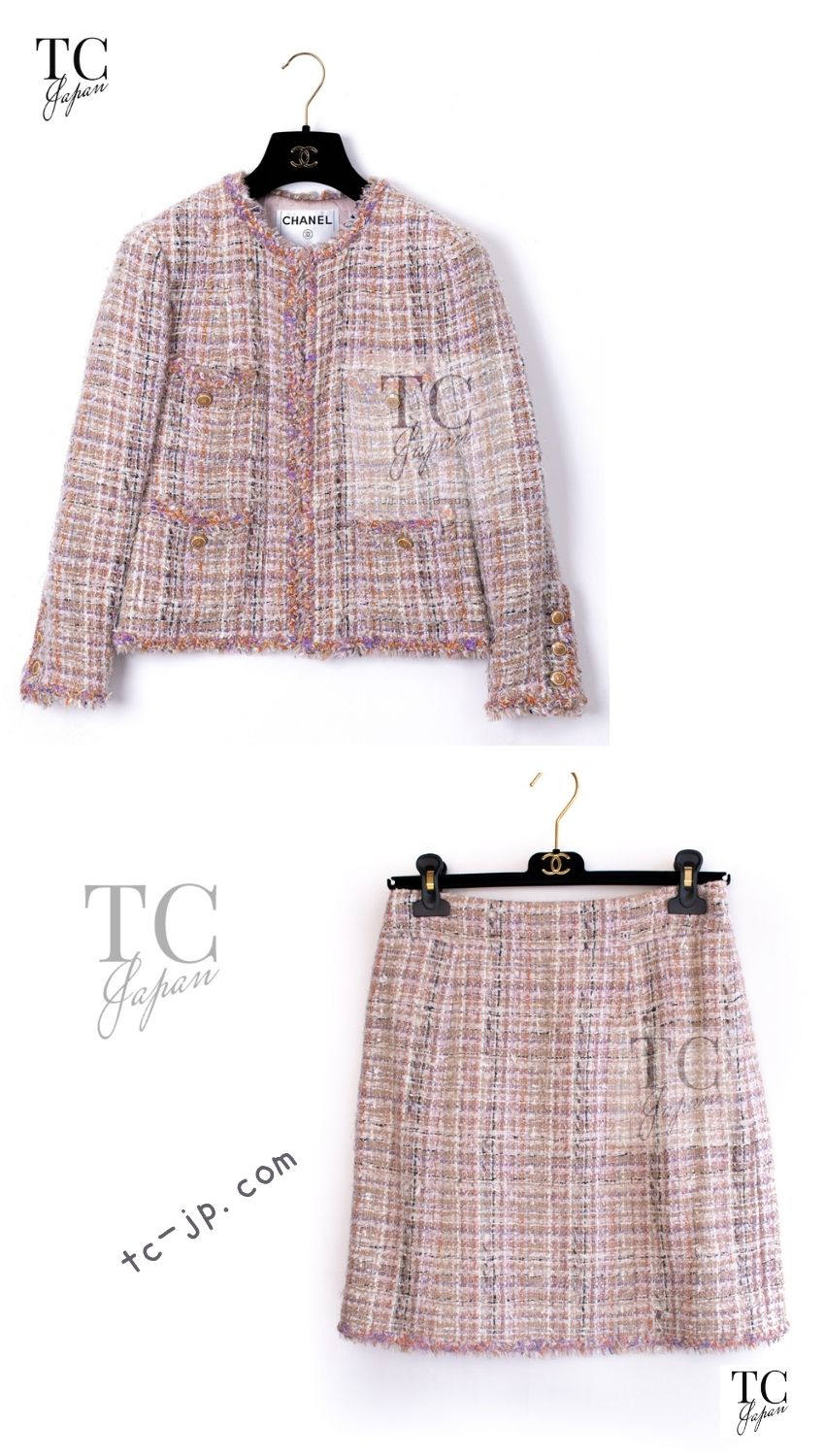 CHANEL 07C Pink Beige Multi Collarless Tweed Jacket Skirt Suit 36 シャネル ピンク ベージュ ノーカラー ツイード ジャケット スカート スーツ 即発
