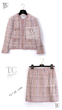 CHANEL 07C Pink Beige Multi Collarless Tweed Jacket Skirt Suit 36 シャネル ピンク ベージュ ノーカラー ツイード ジャケット スカート スーツ 即発