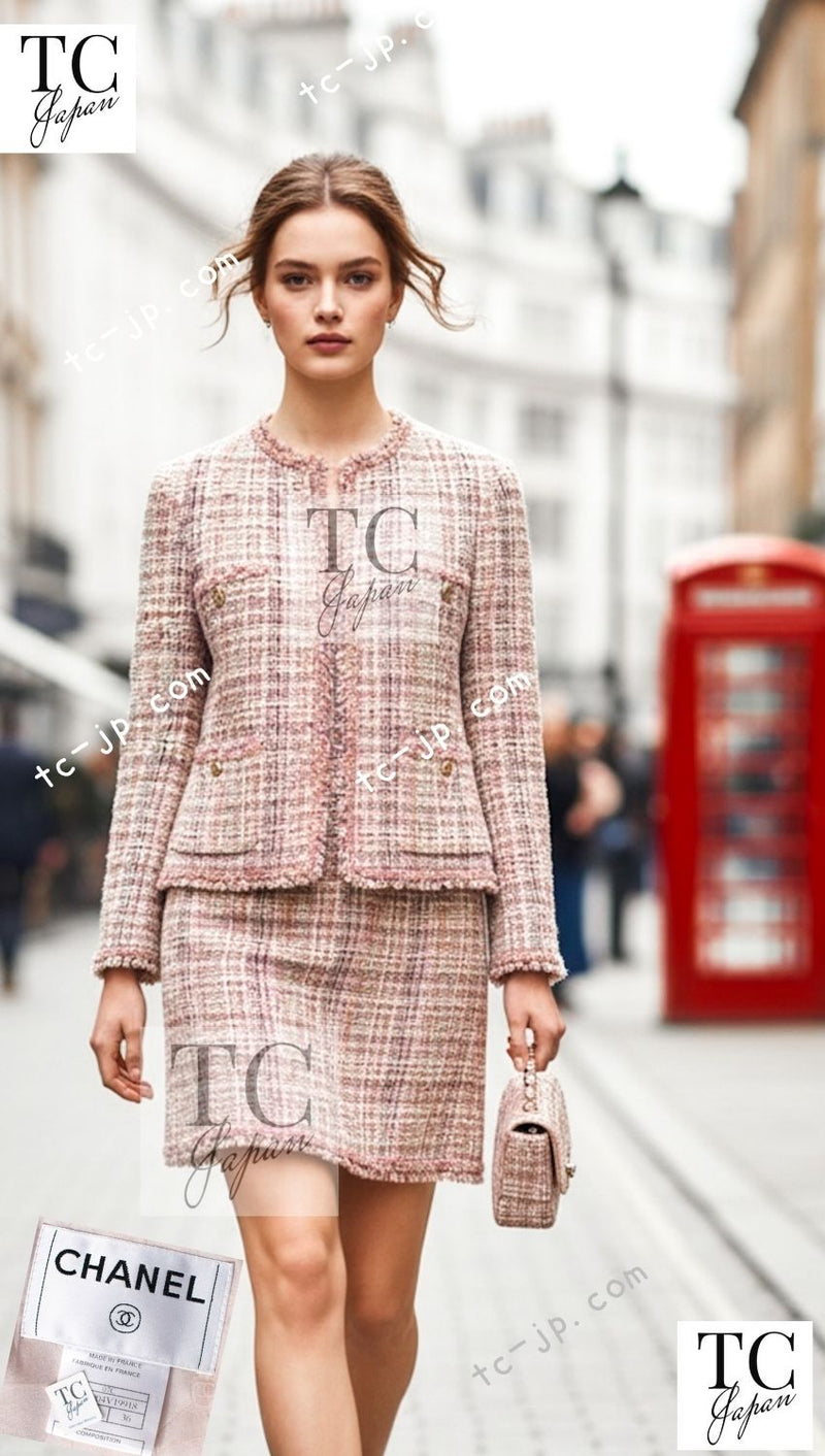 CHANEL 07C Pink Beige Multi Collarless Tweed Jacket Skirt Suit 36 シャネル ピンク ベージュ ノーカラー ツイード ジャケット スカート スーツ 即発
