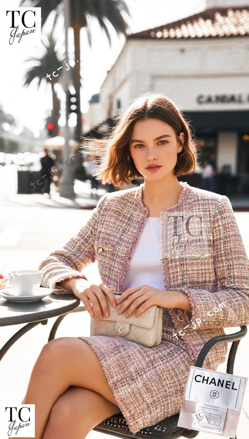 CHANEL 07C Pink Beige Multi Collarless Tweed Jacket Skirt Suit 36 シャネル ピンク ベージュ ノーカラー ツイード ジャケット スカート スーツ 即発