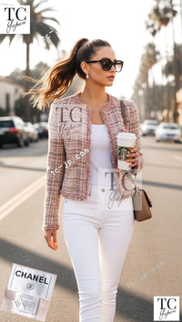 CHANEL 07C Pink Beige Multi Collarless Tweed Jacket Skirt Suit 36 シャネル ピンク ベージュ ノーカラー ツイード ジャケット スカート スーツ 即発