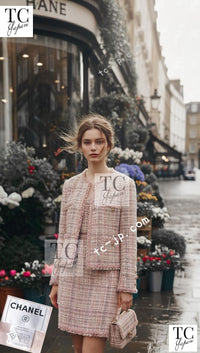 CHANEL 07C Pink Beige Multi Collarless Tweed Jacket Skirt Suit 36 シャネル ピンク ベージュ ノーカラー ツイード ジャケット スカート スーツ 即発