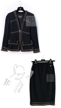 CHANEL 17PF Black Gold Trim Wool Tweed Jacket Skirt Suit 34 シャネル ブラック ゴールド トリミング ウール ジャケット スカート スーツ 即発