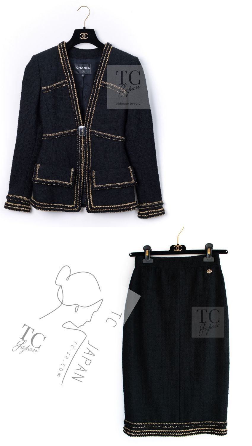 CHANEL 17PF Black Gold Trim Wool Tweed Jacket Skirt Suit 34 シャネル ブラック ゴールド トリミング ウール ジャケット スカート スーツ 即発