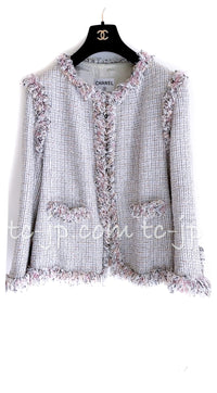 CHANEL 04S Pink Ivory Gray Fringe Collarless Tweed Jacket Skirt Suit 38 42 シャネル ピンク アイボリー フリンジ ノーカラー ツイード ジャケット スカート スーツ 即発