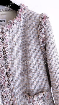 CHANEL 04S Pink Ivory Gray Fringe Collarless Tweed Jacket Skirt Suit 38 42 シャネル ピンク アイボリー フリンジ ノーカラー ツイード ジャケット スカート スーツ 即発