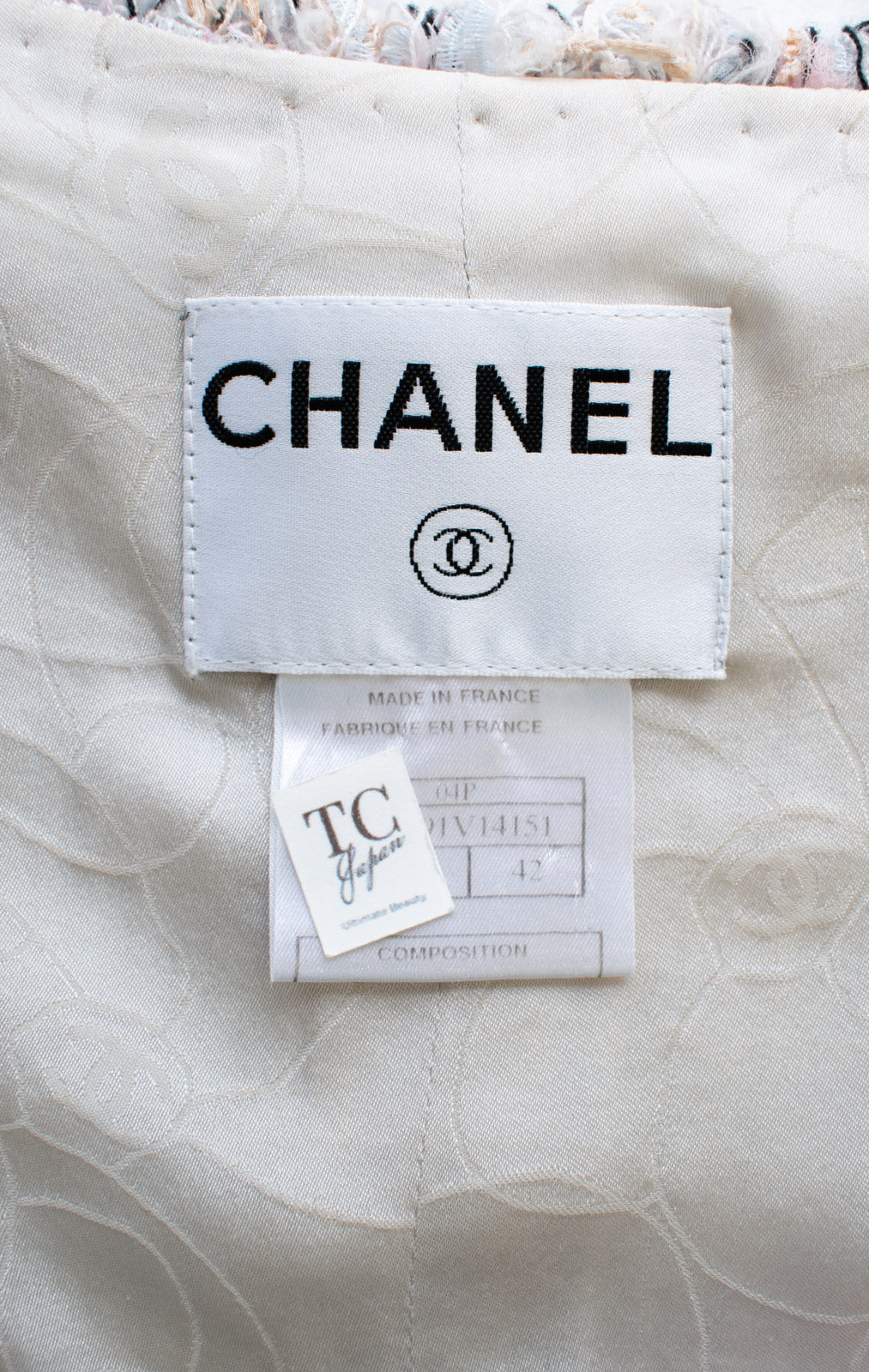 シャネル CHANEL ジャケット スカート スーツ 04S ピンク アイボリー フリンジ ノーカラー ツイード 38 42 - TC JAPAN