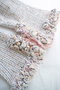 CHANEL 04S Pink Ivory Gray Fringe Collarless Tweed Jacket Skirt Suit 38 42 シャネル ピンク アイボリー フリンジ ノーカラー ツイード ジャケット スカート スーツ 即発