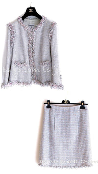 CHANEL 04S Pink Ivory Gray Fringe Collarless Tweed Jacket Skirt Suit 38 42 シャネル ピンク アイボリー フリンジ ノーカラー ツイード ジャケット スカート スーツ 即発