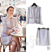 CHANEL 04S Pink Ivory Gray Fringe Collarless Tweed Jacket Skirt Suit 38 42 シャネル ピンク アイボリー フリンジ ノーカラー ツイード ジャケット スカート スーツ 即発