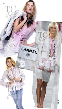CHANEL 04S Pink Ivory Gray Fringe Collarless Tweed Jacket Skirt Suit 38 42 シャネル ピンク アイボリー フリンジ ノーカラー ツイード ジャケット スカート スーツ 即発