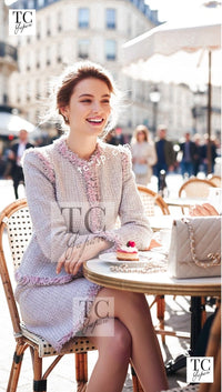 CHANEL 04S Pink Ivory Gray Fringe Collarless Tweed Jacket Skirt Suit 38 42 シャネル ピンク アイボリー フリンジ ノーカラー ツイード ジャケット スカート スーツ 即発