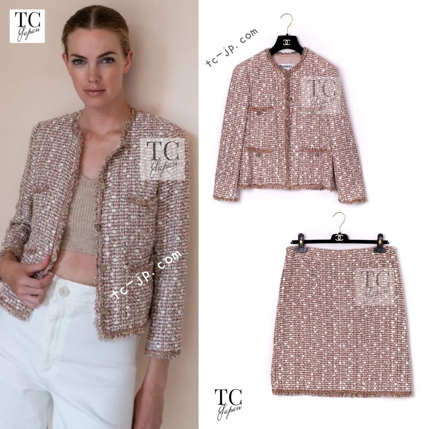 CHANEL Jacket Skirt Suit 06S Red White Brown Tweed Karl Lagerfeld 1