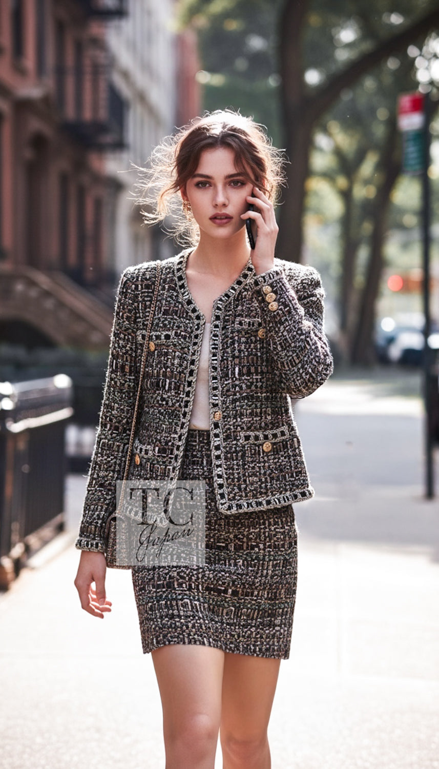 CHANEL 16PF Brown Mix Zipper Tweed Jacket Skirt Suit 36 38 15