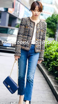 CHANEL 16PF Brown Mix Braid Trimming Collarless Wool Tweed Jacket 48 | TW