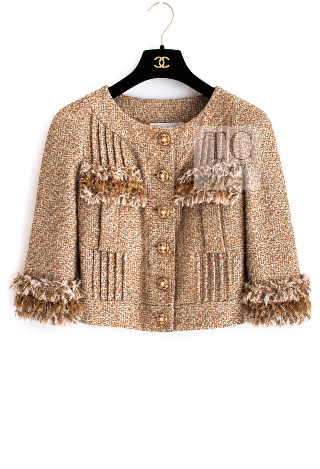 CHANEL 13C Gold Creme Silk Fringe Collarless Tweed Jacket Skirt Suit 34 36 3