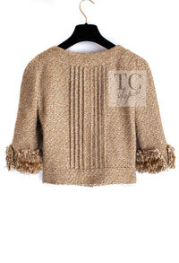 CHANEL 13C Gold Creme Silk Fringe Collarless Tweed Jacket Skirt Suit 34 36 7