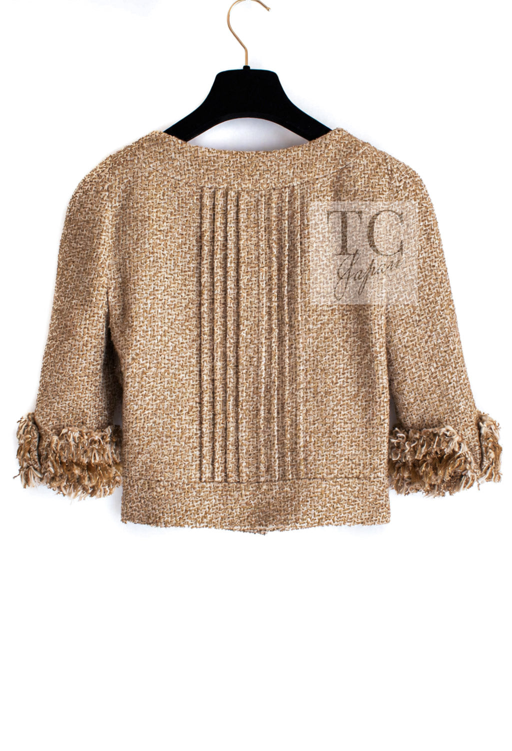 CHANEL 13C Gold Creme Silk Fringe Collarless Tweed Jacket Skirt Suit 34 36 7
