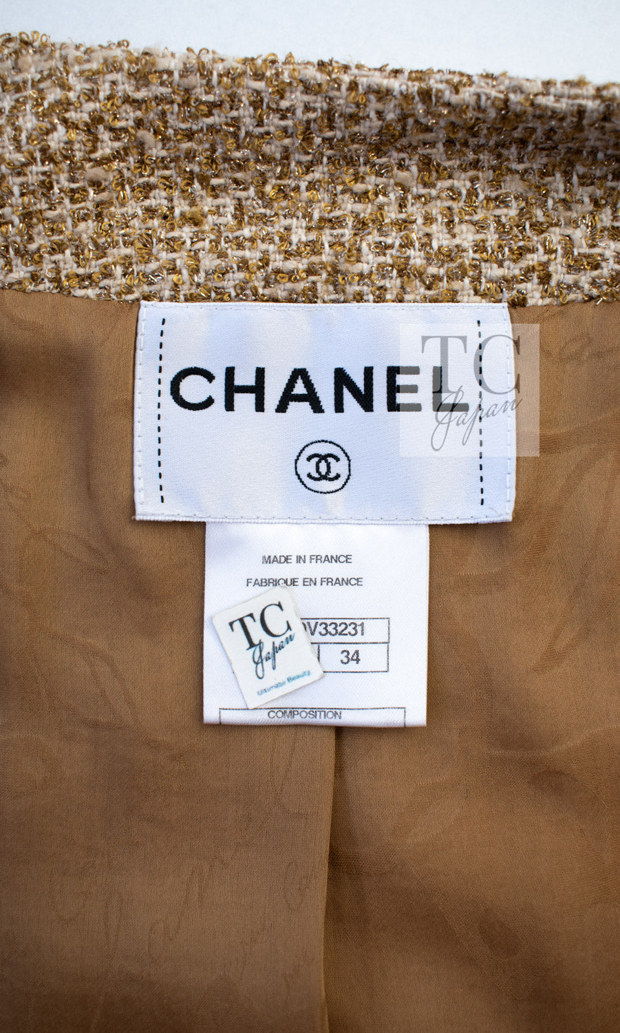 CHANEL 13C Gold Creme Silk Fringe Collarless Tweed Jacket Skirt Suit 34 36 | HK