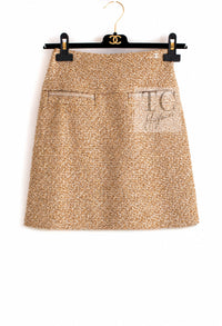 CHANEL 13C Gold Creme Silk Fringe Collarless Tweed Jacket Skirt Suit 34 36 9
