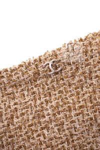 CHANEL 13C Gold Creme Silk Fringe Collarless Tweed Jacket Skirt Suit 34 36 10