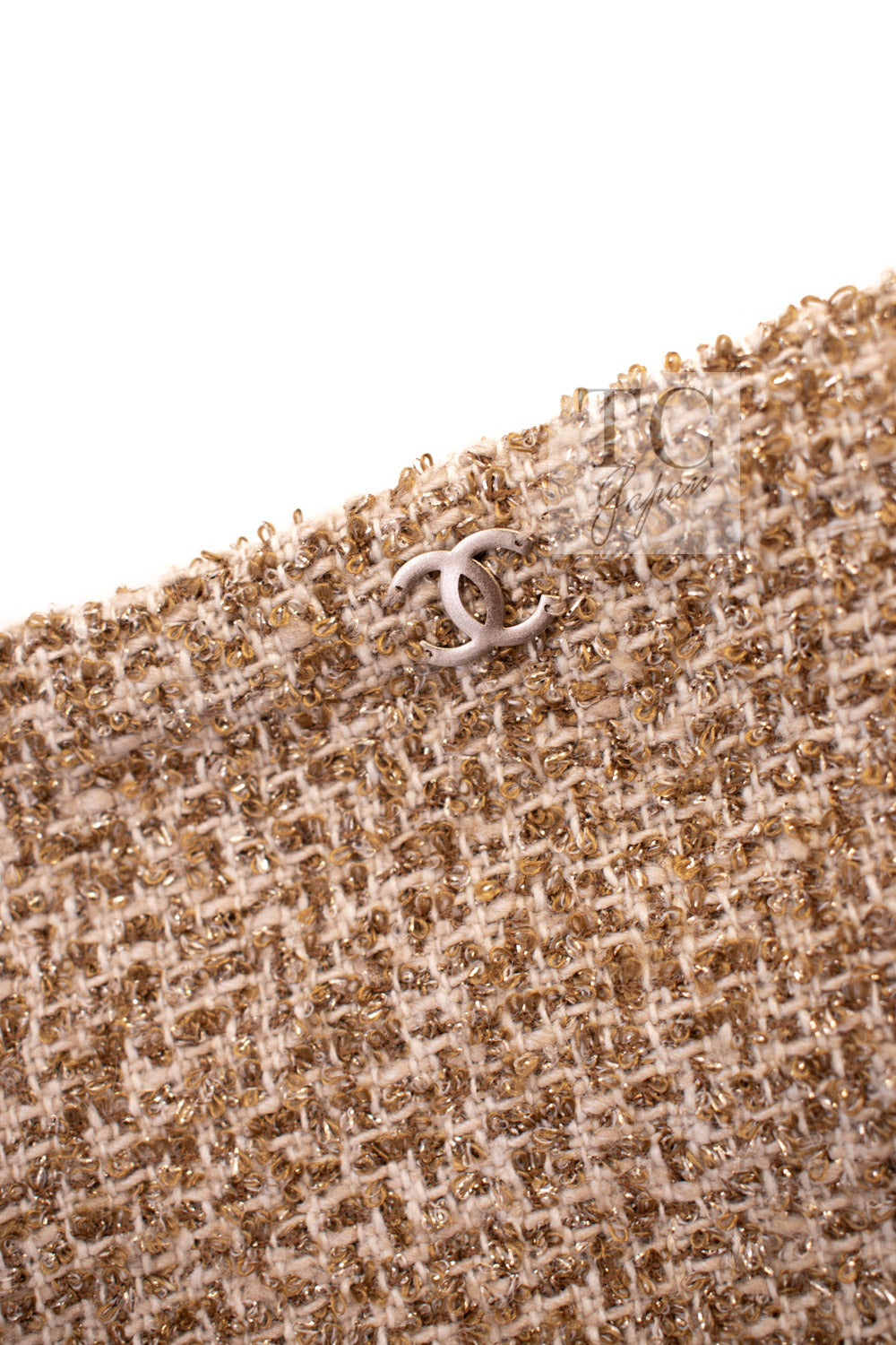 CHANEL 13C Gold Creme Silk Fringe Collarless Tweed Jacket Skirt Suit 34 36 10