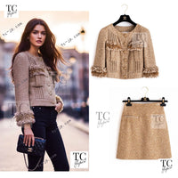 CHANEL 13C Gold Creme Silk Fringe Collarless Tweed Jacket Skirt Suit 34 36 1