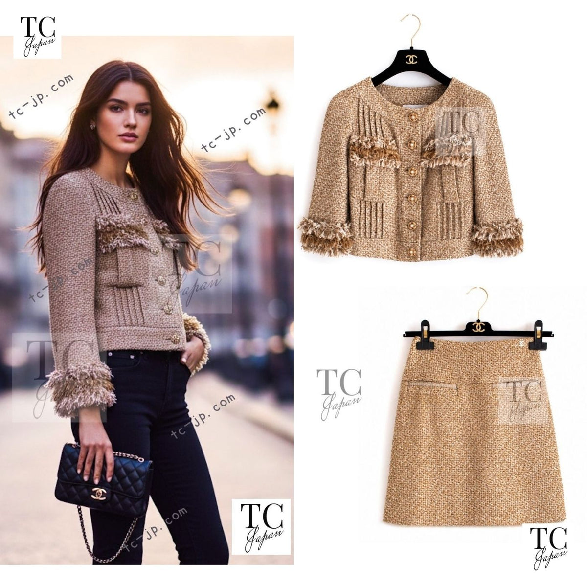 CHANEL 13C Gold Creme Silk Fringe Collarless Tweed Jacket Skirt Suit 34 36 1